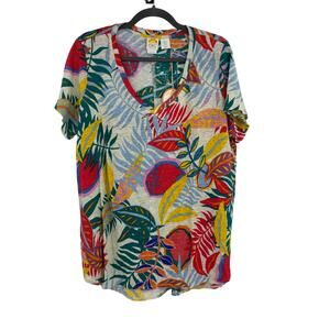 C&C California Multicolor Tropical Floral Print Linen Short Sleeve Shirt Top 1X